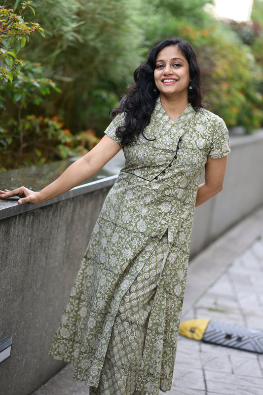 Printed half sleeve cotton top and pant set- SLM 0917